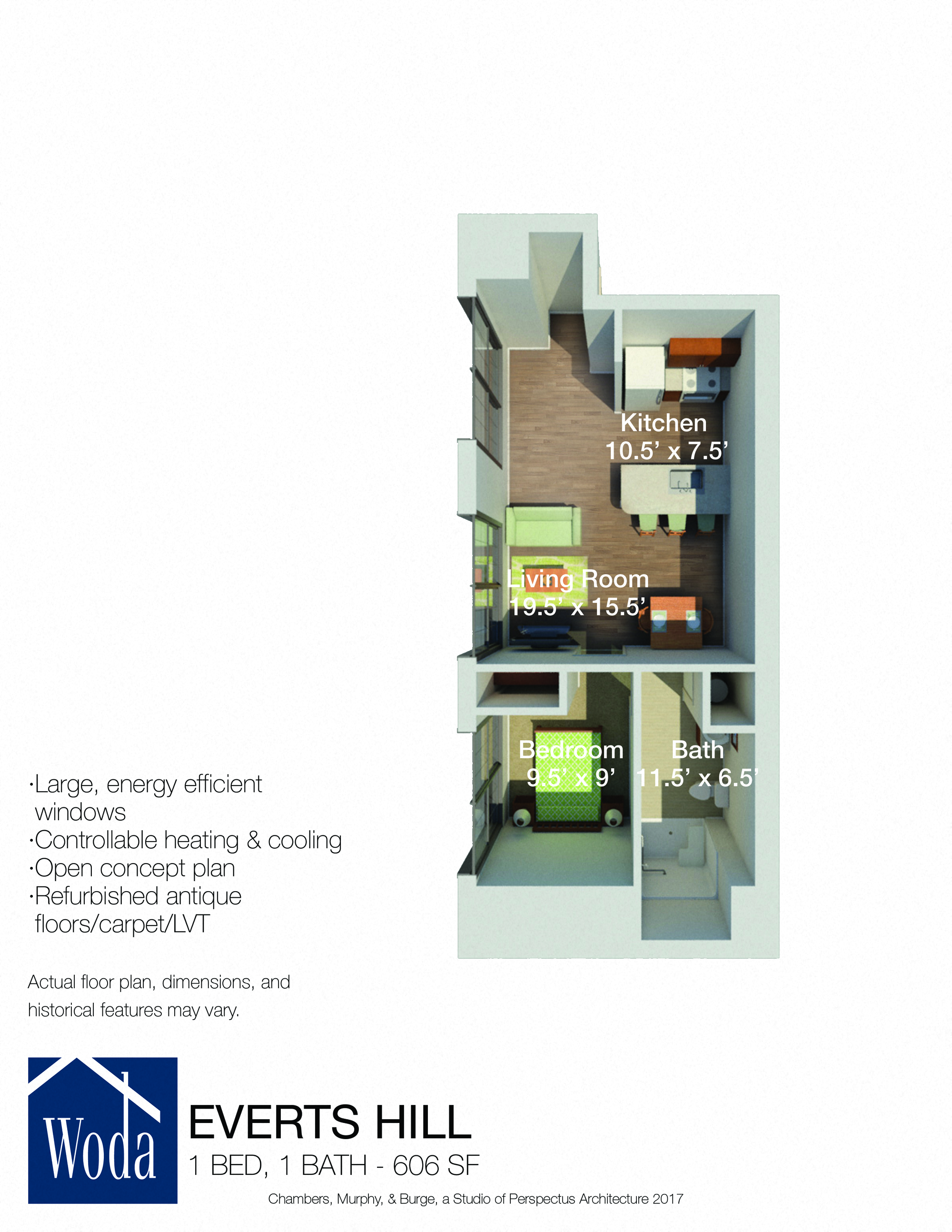 Floor plan for 1 bed, 1 bath, 713 sqft